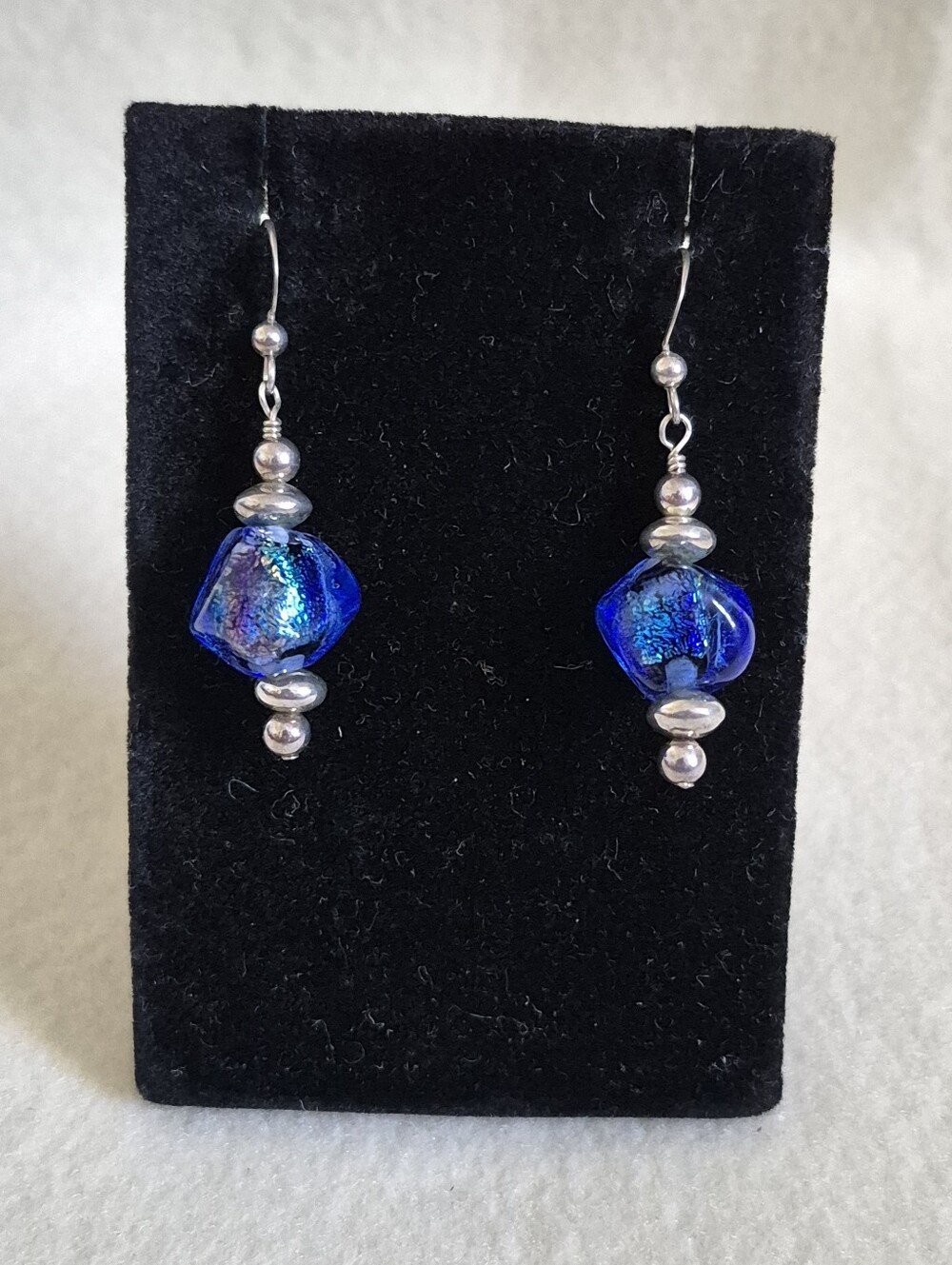 Cobalt Blue Foiled Glass 925 Sterling Silver Earrings Signed DTR